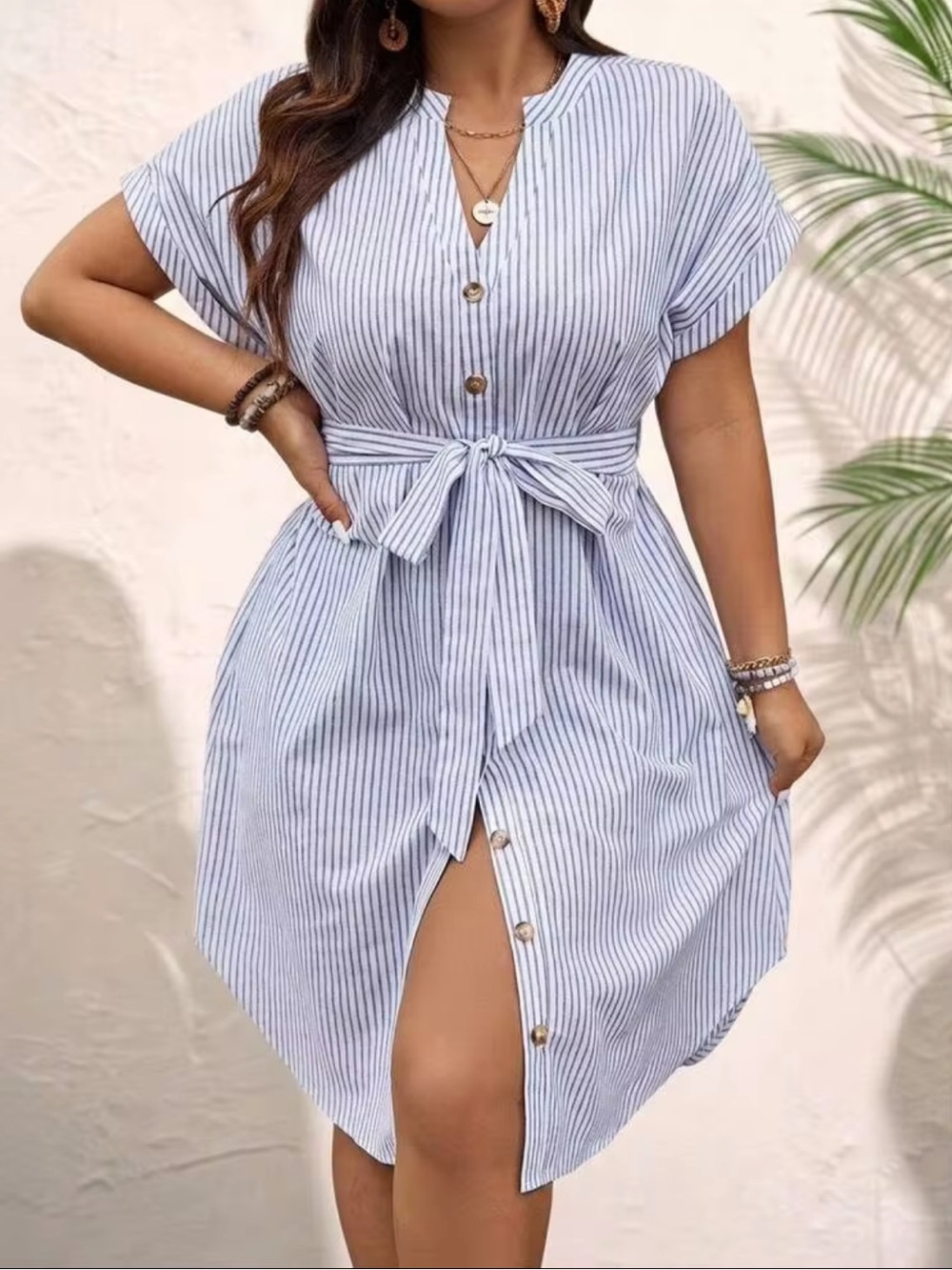Emery Rose Seersucker Button-Front Belted Tunic Dress